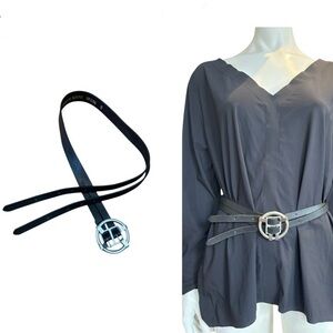 Vintage Armani Jeans Black Leather Belt Unique Circular Buckle